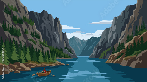 Illustration showing a man rowing a wooden boat on a blue lake surrounded by tall, rocky mountains and forests, creating a peaceful, natural setting.