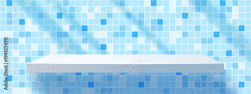 Blue ceramic tile, horizontal pattern for bathroom, kitchen, toilet, swimming pool scene. Light blue 3d square wall mosaic with empty shelf as product podium for presentation, vector illustration