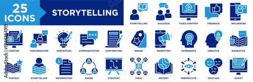 Storytelling Icon Set Collection. Icon Pack Contain Narrative, Script, Dialogue, Video Content, Strategy, Influencer, Inspiration, Communication, Marketing, Viral, Feedback