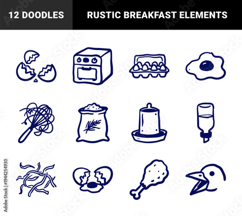 Hand-drawn chicken farming and breakfast cooking elements for organic branding. Rustic, naive marker sketch illustrations of eggs, poultry, and kitchen tools.