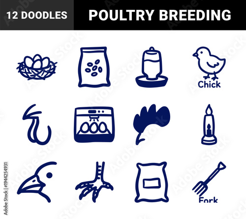 Hand-drawn poultry farming and chicken breeding elements for rustic brand identity. Naive marker sketch illustrations of agricultural life.