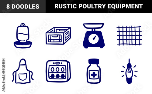 Hand-drawn poultry farming and egg production elements for rustic brand identity. Naive marker sketch illustrations of hatchery equipment.