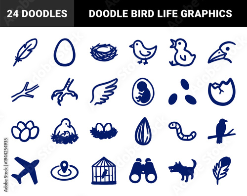 Hand-drawn bird life cycle and avian elements for nature branding. Rustic, naive marker sketch illustrations featuring nests, eggs, and flight.