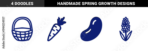 Rustic hand-drawn garden and harvest elements in a naive blue marker style. Clumsy organic shapes featuring basket, carrot, hyacinth, and bean.