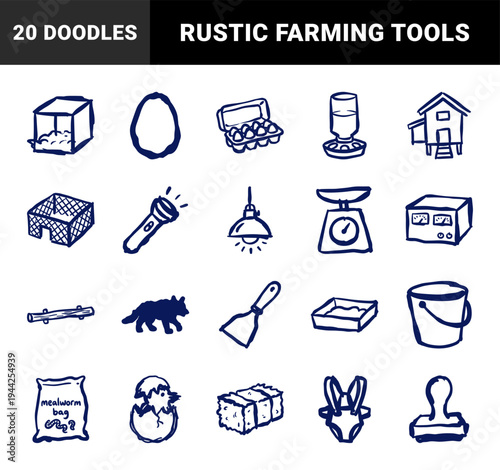Hand-drawn poultry farming and chicken coop elements for rural brand identity. Rustic, naive marker sketch illustrations featuring backyard bird care.