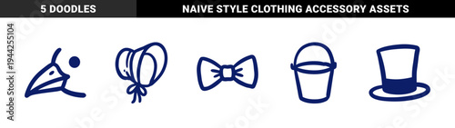 Hand-drawn vintage fashion and accessory doodles with a rustic marker aesthetic. Naive blue line art featuring top hat, bow tie, bonnet, and bird.