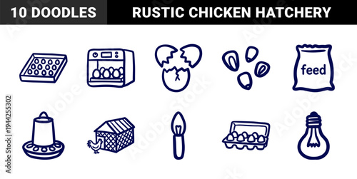 Hand-drawn poultry farming and egg production elements. Rustic, naive marker sketch illustrations featuring chicken coop and hatchery concepts.