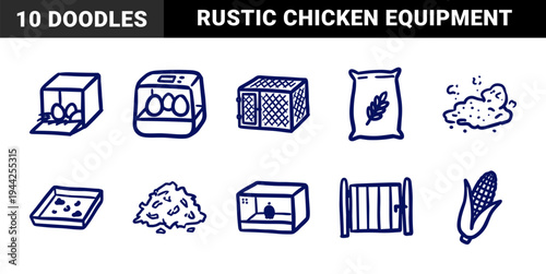 Hand-drawn poultry farming and chicken coop elements for rural branding. Rustic naive marker sketch illustrations of eggs, feed, and bird cages.