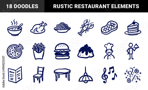 Hand-drawn restaurant and dining elements for organic brand identity. Rustic, naive marker sketch illustrations featuring food, service, and cafe culture.