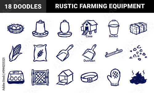 Hand-drawn poultry farming and chicken coop elements for rustic brand identity. Naive marker sketch illustrations featuring backyard agriculture concepts.