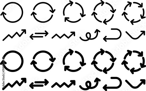 シンプルな矢印アイコンのセット　循環・方向・成長を表す線画アイコン　Simple Arrow Icon Set – Circular, Direction and Growth Line Icons
