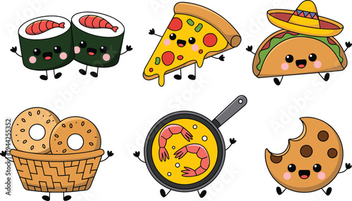 Cartoon illustration of cheerful food characters including sushi, pizza, taco, bagels, shrimp pan, and cookie, representing playful nutrition, children’s design, and creative culinary concepts.