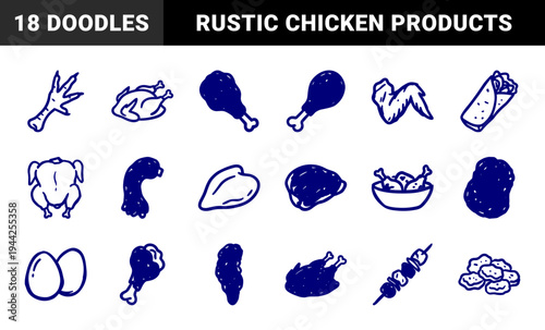 Hand-drawn chicken meat cuts and poultry products for organic deli branding. Rustic, naive blue marker sketches featuring farm fresh food concepts.