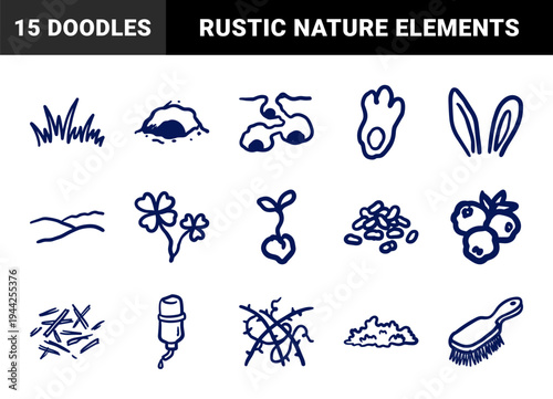 Hand-drawn rabbit care and woodland nature elements for organic brand identity. Rustic, naive marker sketch illustrations featuring bunny lifestyle concepts.