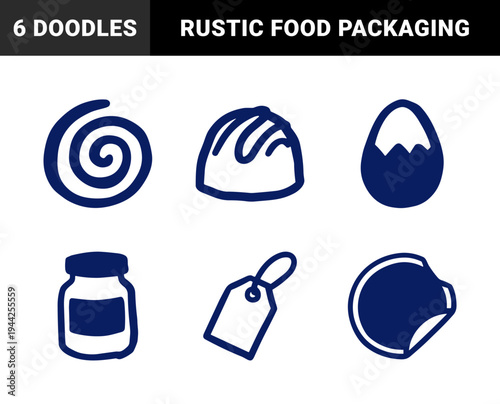 Artisanal confectionery and packaging elements for organic brand identity. Rustic naive marker sketch featuring cocoa beans, jar, and sweets.