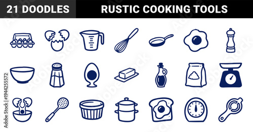 Hand-drawn kitchen and egg cooking elements for culinary branding. Naive marker sketch illustrations featuring breakfast and baking supplies.