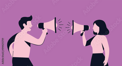 Two people communicating with megaphones on purple background
