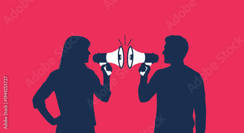 Silhouette of two people communicating with megaphones on pink background