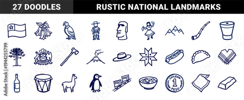 Chilean cultural symbols and landmarks in a naive marker doodle style. Rustic hand-drawn illustrations for South American heritage branding.