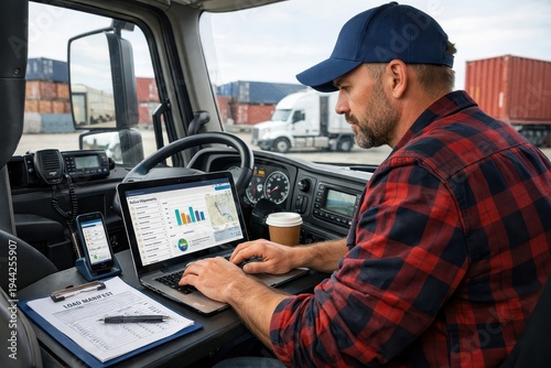 Truck driver working with laptop in truck cab