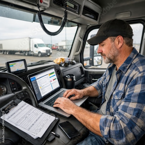 Truck driver working on a laptop inside the cab of a truck