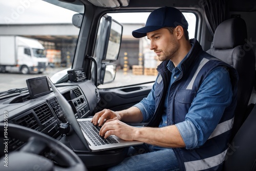 Professional truck driver using laptop inside of truck cabin