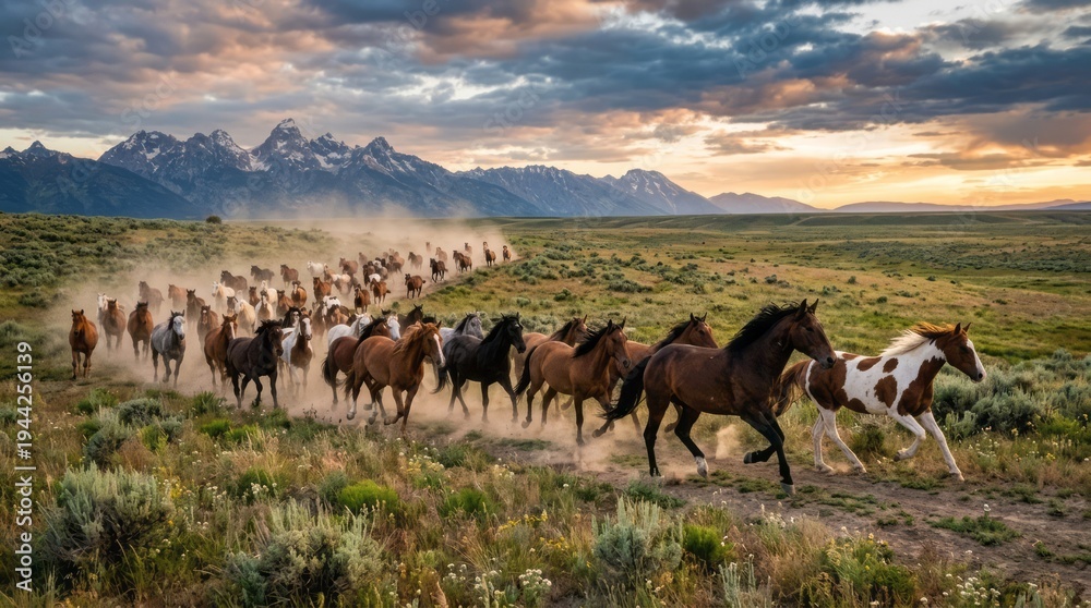 Fototapeta premium Herd of Horses Galloping in Mountain Landscape Horses Herd Galloping Mountains Sunset Landscape Nature. Concept featuring horses, herd, galloping, mountains, sunset for professional commercial design.