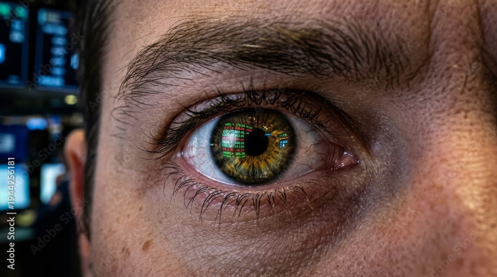 Naklejka premium Close-Up of Eye with Stock Market Reflection Eye Close-Up Reflection Stock Market Finance Trading Business. Concept featuring eye, close-up, reflection, stock market, finance for professional comme...