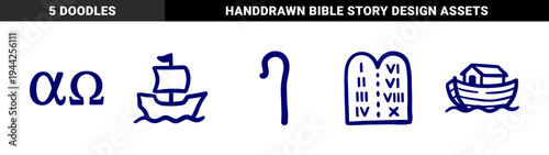 Biblical Christian symbols in a naive hand-drawn doodle style for religious education and church branding. Rustic marker sketch illustrations.