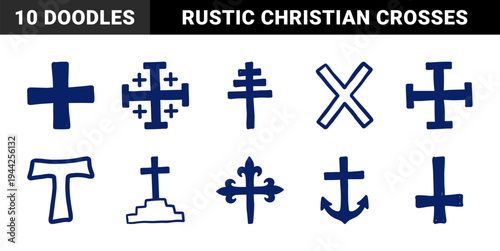 Religious cross symbols for spiritual branding. Rustic hand-drawn blue marker sketch illustrations featuring diverse Christian crucifix concepts.