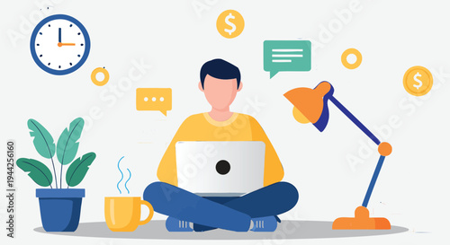 A cartoon man sitting crosslegged with a laptop on his lap surrounded by office items