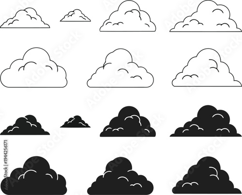 Collection of Black outline coloring book black and white cloud icons and silhouettes