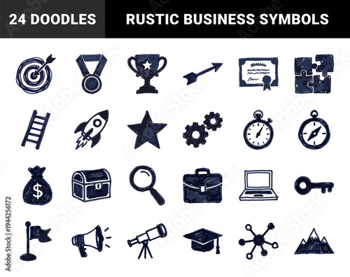 Business and success strategy elements for creative branding. Rustic naive marker sketch illustrations featuring achievement and growth symbols.