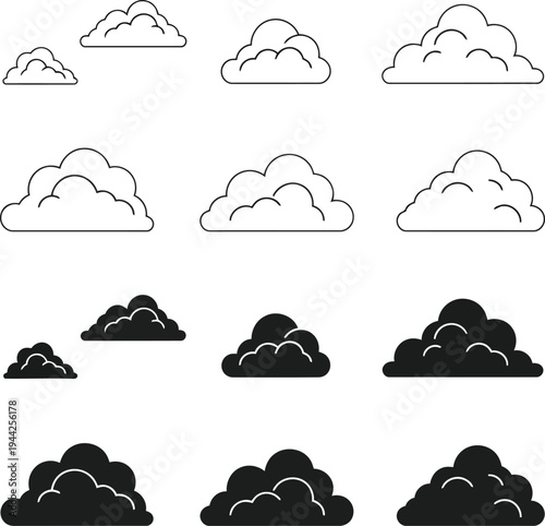 Collection of Black outline coloring book black and white cloud icons and silhouettes 1
