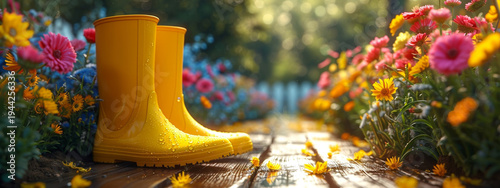 Cloudy rainy weather yellow rubber boots on the terrace for a walk