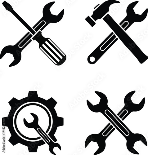 Four Black outline coloring book black silhouette icons of tools on white background