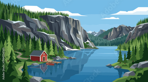 Serene vector illustration featuring a red cabin by a blue lake, surrounded by mountains and evergreen trees in a minimalist, geometric style. Perfect for travel and nature themes.