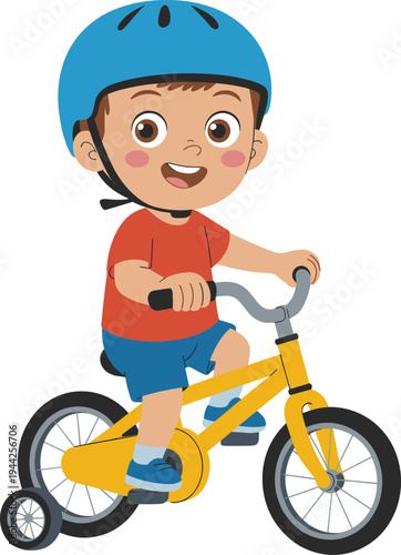 Cartoon illustration of cheerful child riding yellow bicycle with training wheels and helmet, symbolizing safety, learning, childhood activity, fun, and playful lifestyle design for stock use.