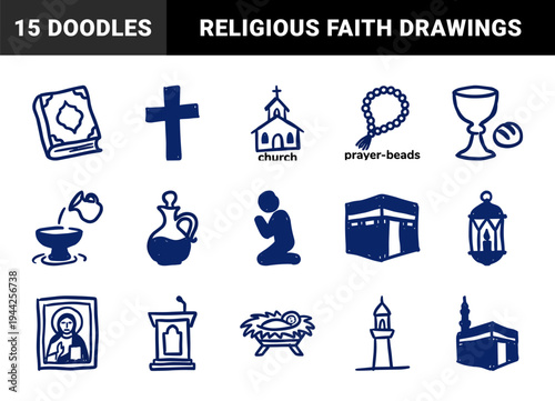 Hand-drawn religious symbols in a naive marker style. Rustic spiritual doodle illustrations for diverse cultural and faith-based projects.