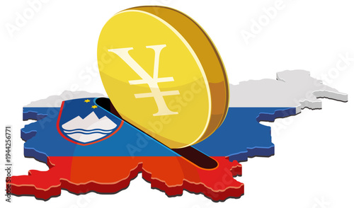 3D isometric map of Slovenia with flag colors and a gold Yen Yuan coin entering a slot, representing national funding, Asian market trade, and budget savings, (cut out)