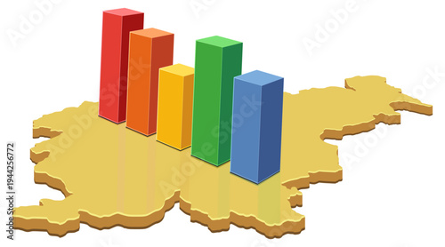 3D isometric map of Slovenia with colorful bar chart representing economic success, financial statistics, and national development progress, (cut out)
