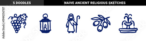 Biblical symbols for religious storytelling and spiritual education. Rustic hand-drawn marker sketches of grapes, olives, shepherd, and light.