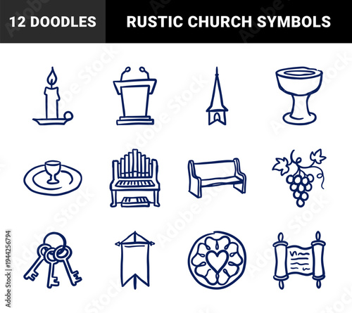 Christian church and worship elements for religious branding. Rustic hand-drawn marker sketches featuring lutheran symbols and chapel interior items.