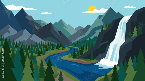 A stylized illustration featuring a waterfall cascading into a river flowing through a green valley nestled between mountains under a clear sky with the sun shining.
