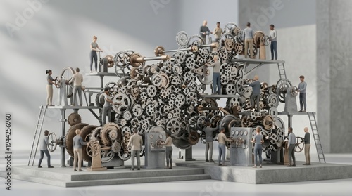 Complex Gears and Workers in Motion Gears Mechanism Workers Engineering Teamwork Miniature Assembly. Concept featuring gears, mechanism, workers, engineering, teamwork for professional commercial d...