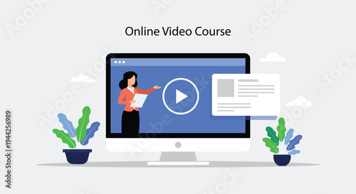 Online Video Course and E-Learning Platform on Computer – Digital Education Flat Vector Illustration