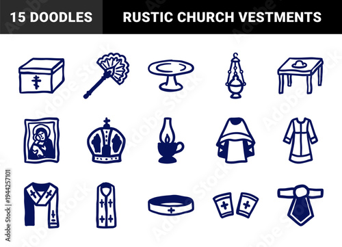 Eastern Orthodox liturgical vestments and church ritual elements in a naive marker doodle style. Rustic hand-drawn religious ceremony objects for spiritual branding.