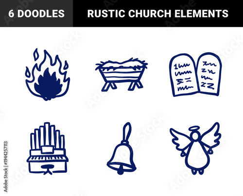 Christian religious symbols for church community branding. Rustic naive marker sketch featuring nativity manger, scripture tablets, and angel.