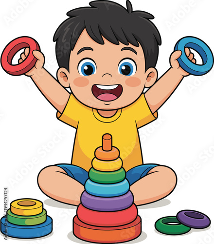 Cartoon illustration of a cheerful child playing with colorful stacking rings toy, representing early childhood development, motor skills, learning, and playful educational activity concepts.