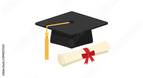 Graduation Cap and Diploma on White.